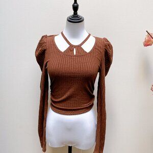 New Brown Women Sexy Slim Cutout Ribbed Knit Strap Long Sleeve Top Shirt, Size S